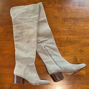 SOLE SOCIETY Over The Knee Boots 9M Taupe Gray Suede Leather Heel‎ EUC